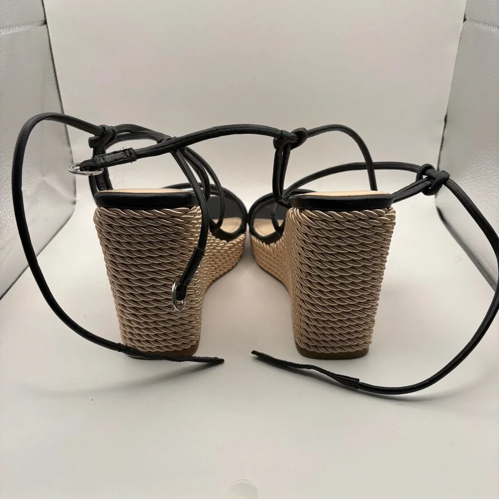 Marc Fisher Black Strappy Woven Rope Wedge Sandals Womens Size 8M MFZASTY